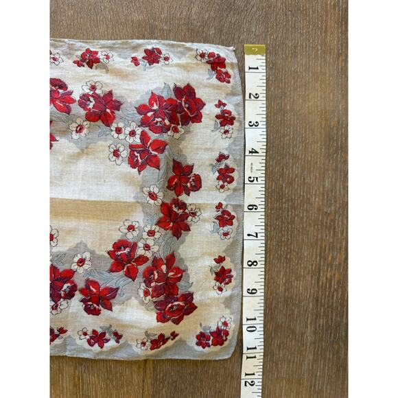 VINTAGE Retro Red Gray Floral Handkerchief Scarf Napkin - Picture 5 of 5